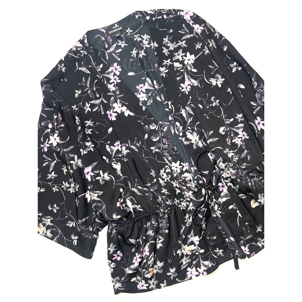 Express Floral Peplum Blouse Black Purple Open Front Tie Waist Top Small 0209